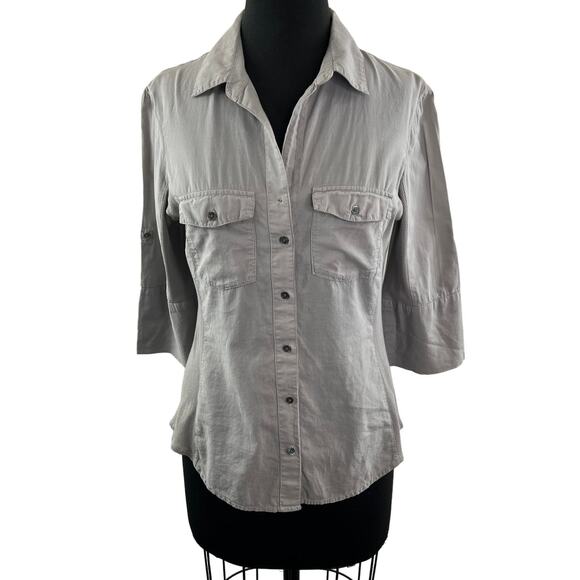JAMES PERSE Gray Top Cotton 3/4 Sleeve Pockets Collared Classic Button-Up Size 3 - Picture 1 of 8